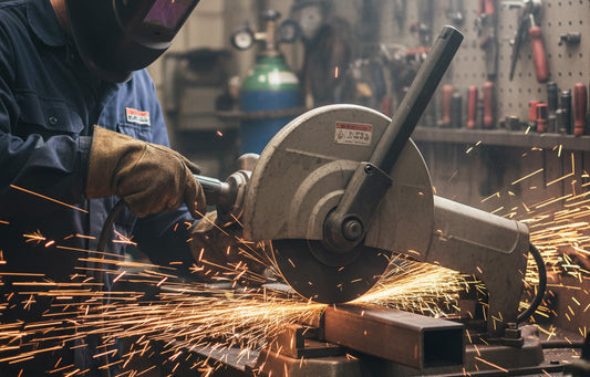 a person cutting steel with a chop saw