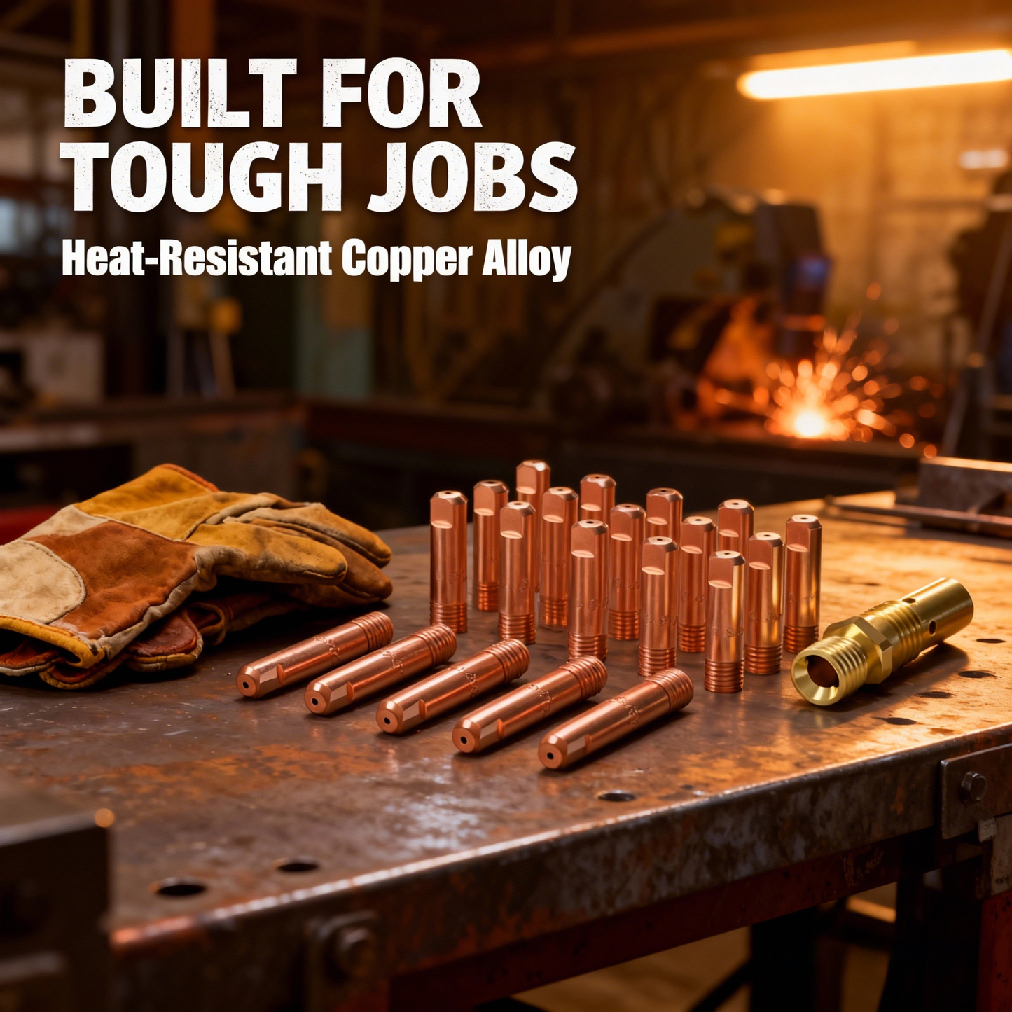 24-piece MIG accessory kit displayed on steel workbench with welding glove.