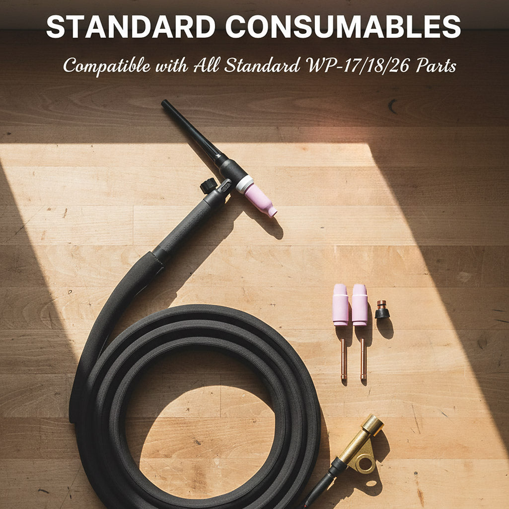 5 Flat lay of WP-17FV TIG torch with collets, cups, and back cap on workbench