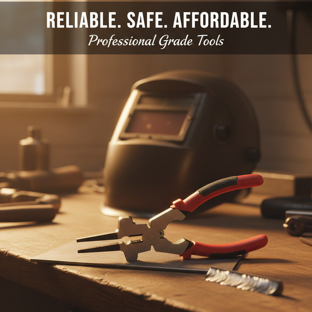 MIG welding pliers resting on a workbench next to a welding helmet and finished steel weld