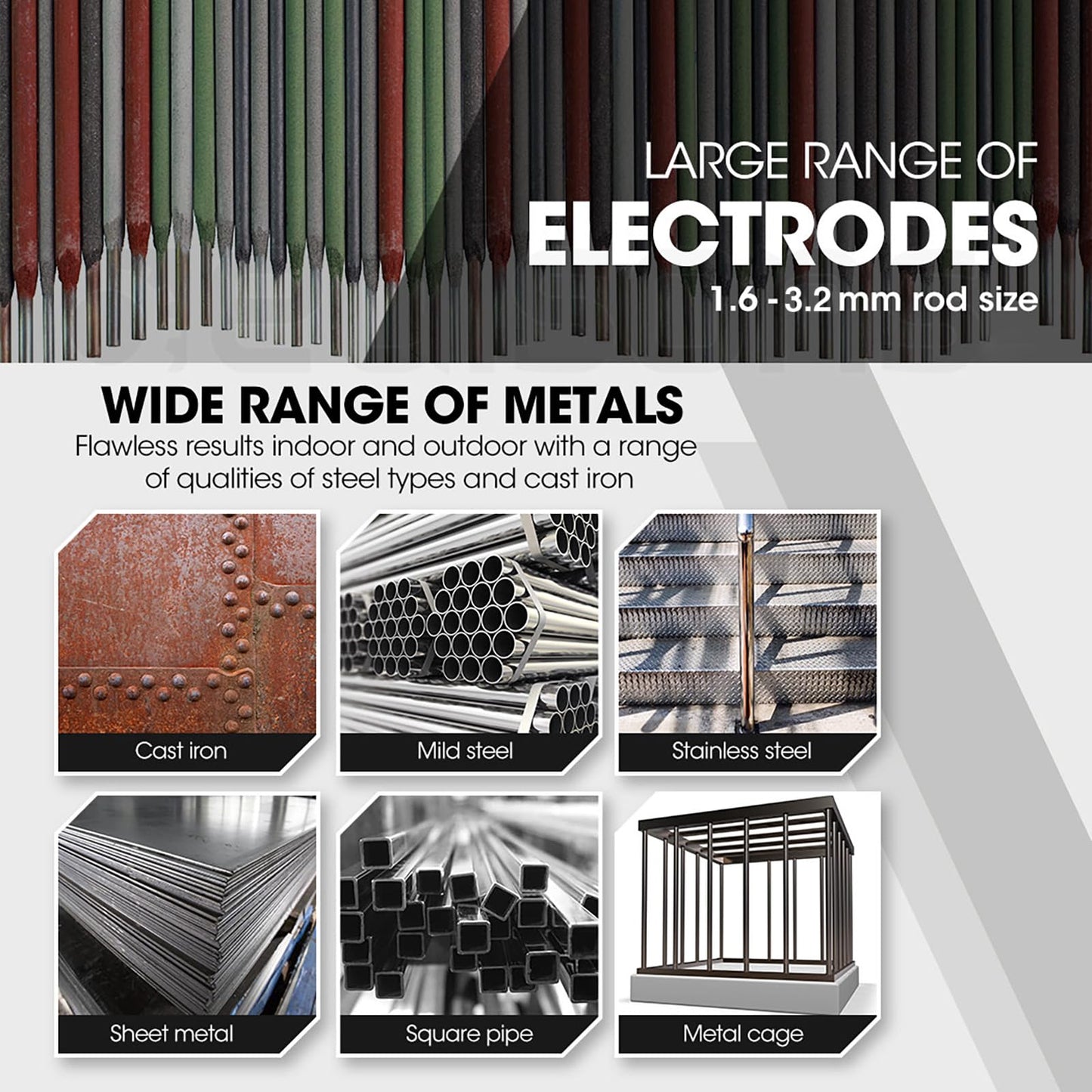 Usage guide showing compatible welding rod sizes from 1.6mm to 3.2mm and weldable metals including cast iron, mild steel, stainless steel, and sheet metal