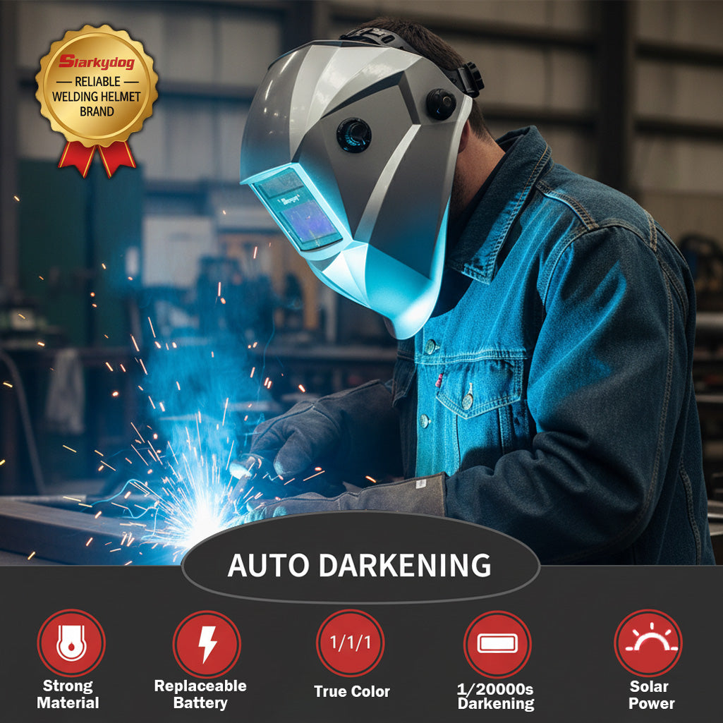 Auto-Darkening Welding Helmet, Blue Light Blocking, 1/1/1/1 True Color, Solar Powered Hood for TIG, MIG, ARC & Grind, Silver