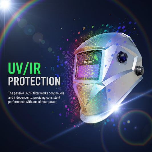 Auto-Darkening Welding Helmet, Blue Light Blocking, Solar Powered Hood for TIG, MIG, ARC & Grind, Silver