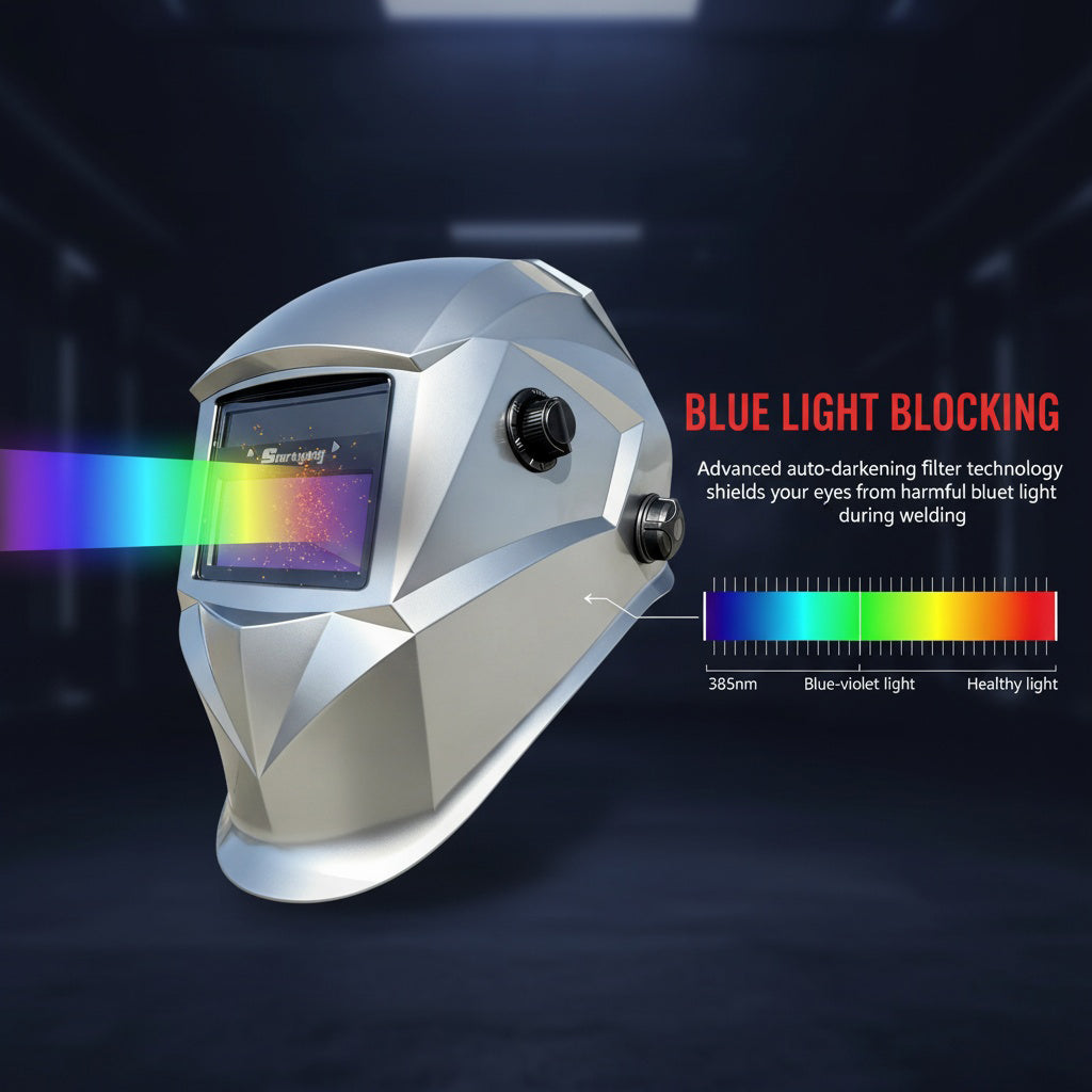 Auto-Darkening Welding Helmet, Blue Light Blocking, 1/1/1/1 True Color, Solar Powered Hood for TIG, MIG, ARC & Grind, Silver