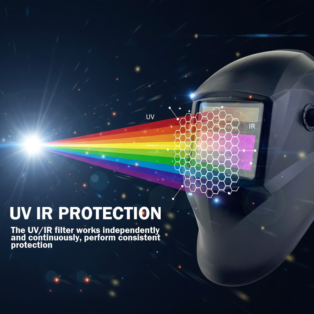 Auto Darkening Welding Helmet, Blue Light Blocking, 1/1/1/1 True Color Solar Powered Hood for TIG, MIG, ARC & Grind, Black