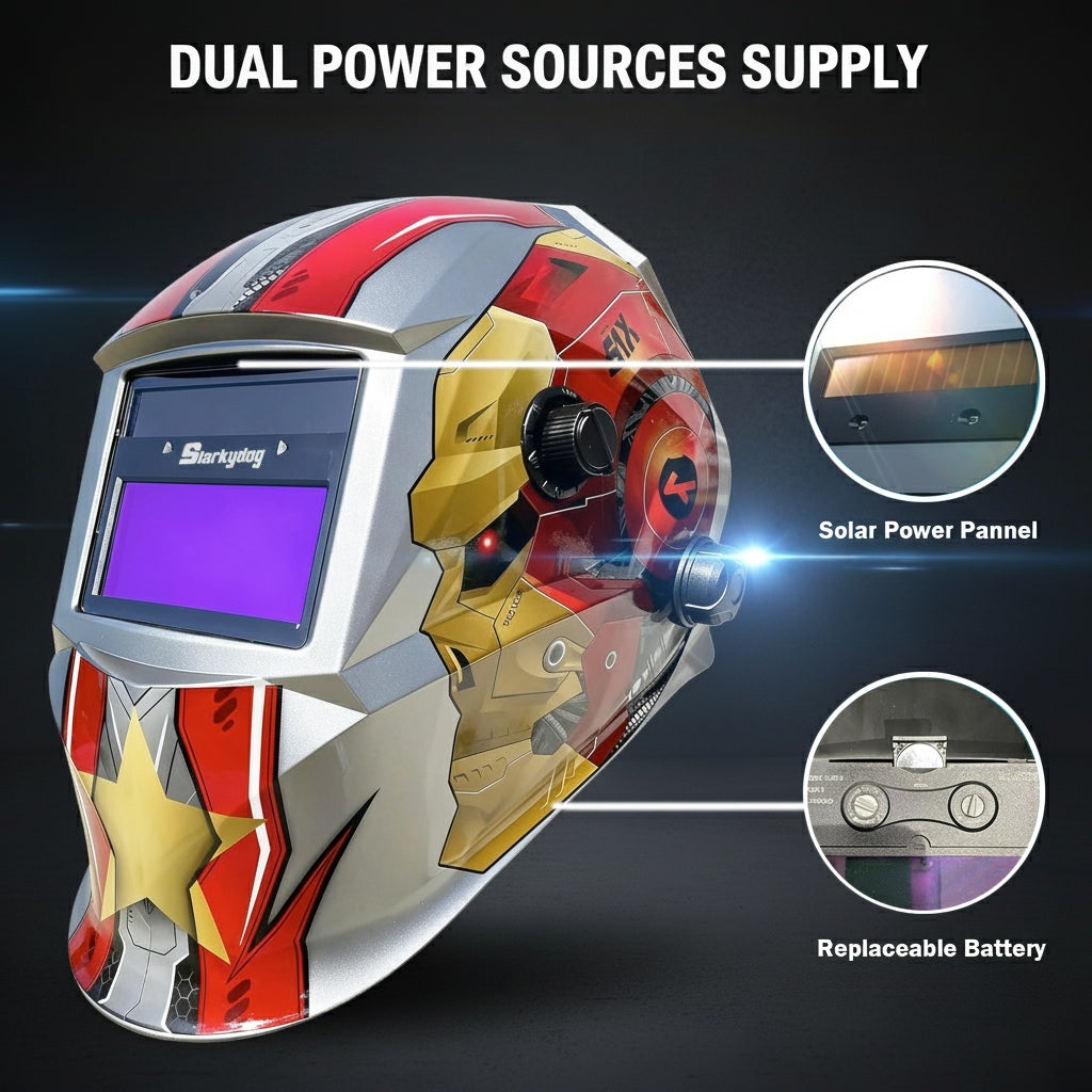 Auto Darkening Welding Helmet, Blue Light Blocking, 1/1/1/1 True Color Solar Powered Hood for TIG, MIG, ARC & Grind, Gold/Red