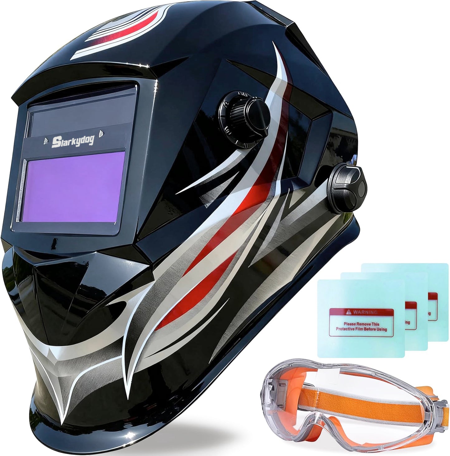 Auto-Darkening Welding Helmet, Blue Light Blocking, 1/1/1/1 True Color, Solar Powered Hood for TIG, MIG, ARC & Grind, Red Silver Strip