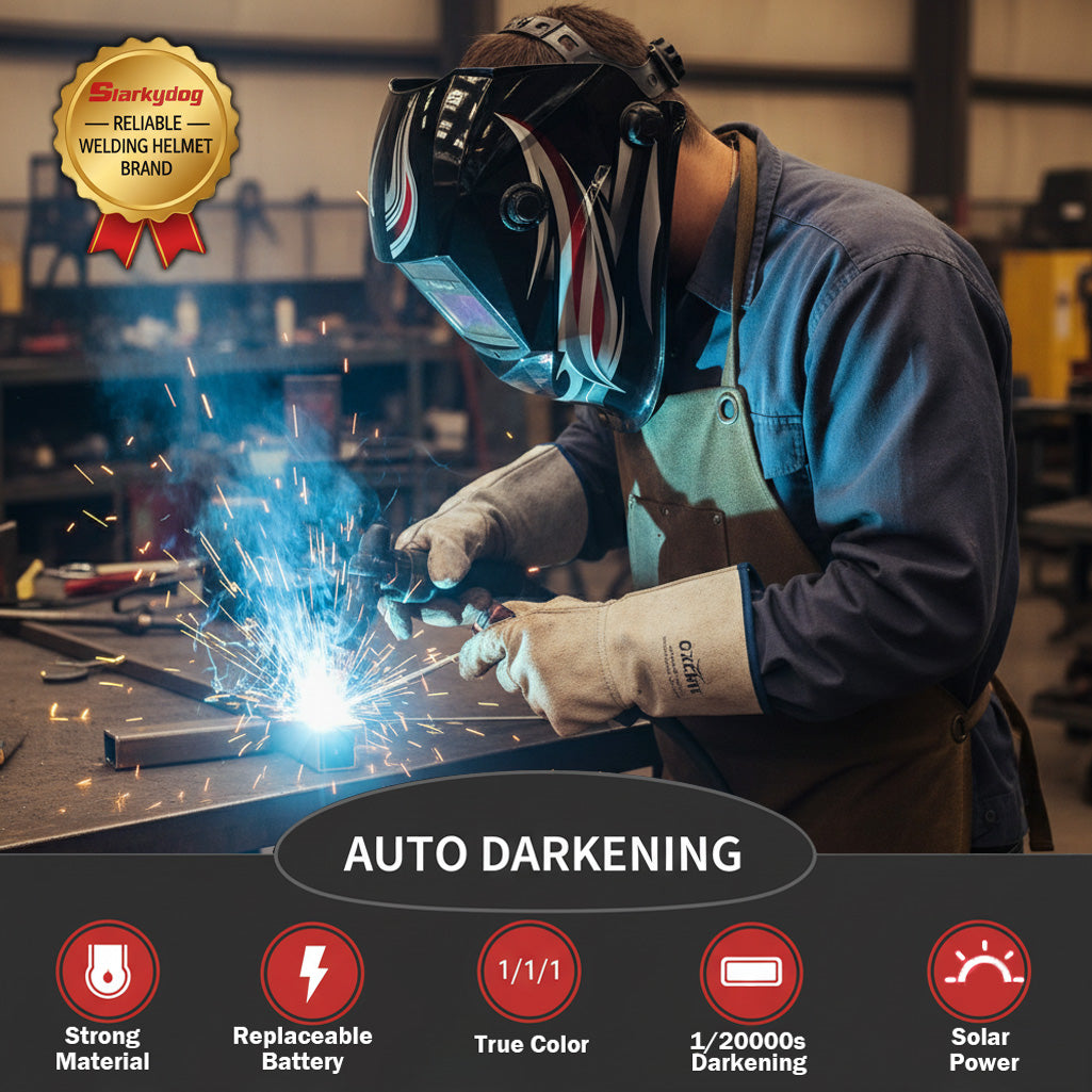 Auto-Darkening Welding Helmet, Blue Light Blocking, 1/1/1/1 True Color, Solar Powered Hood for TIG, MIG, ARC & Grind, Red Silver Strip