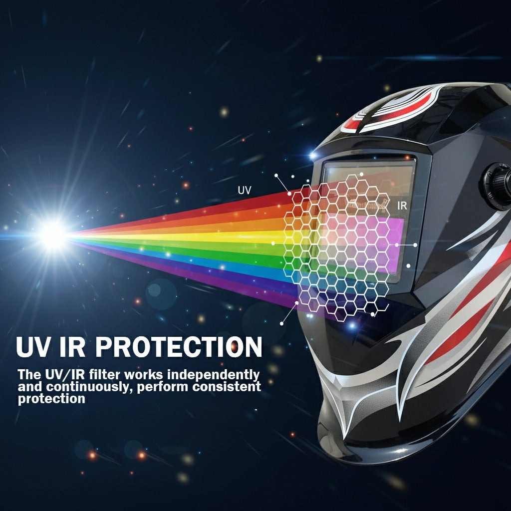 Auto-Darkening Welding Helmet, Blue Light Blocking, 1/1/1/1 True Color, Solar Powered Hood for TIG, MIG, ARC & Grind, Red Silver Strip