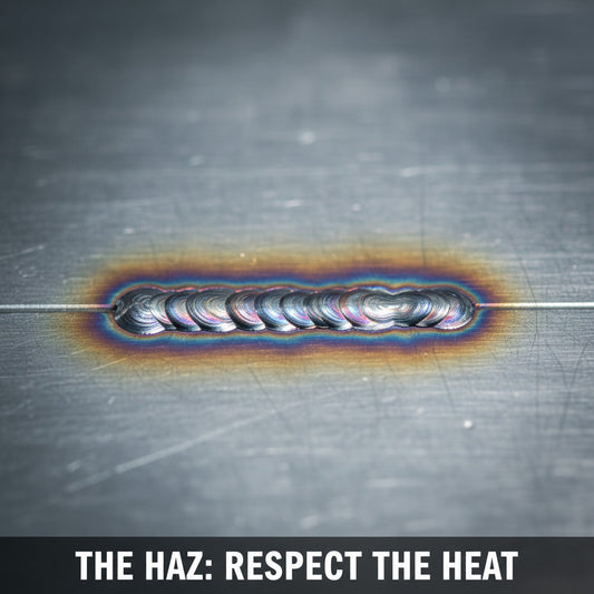 Close up of a steel weld showing the rainbow-colored Heat Affected Zone spreading away from the bead.
