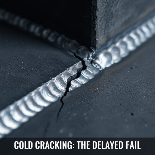 Macro shot of a hairline crack running along the edge of a weld bead on a thick steel plate.