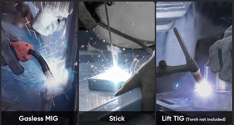 three panels showing MIG Stick Lift TIG welding process