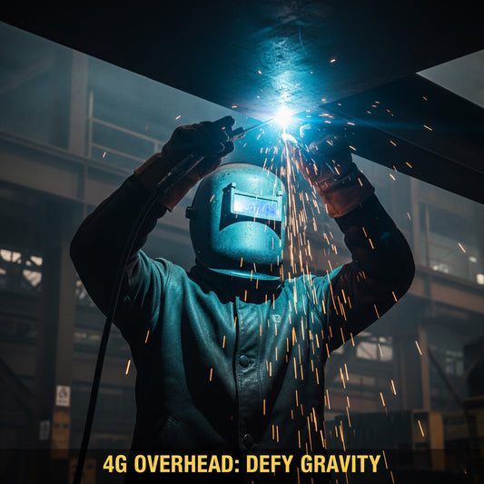 A welder performing an overhead 4G weld with sparks cascading down, wearing full protective gear.