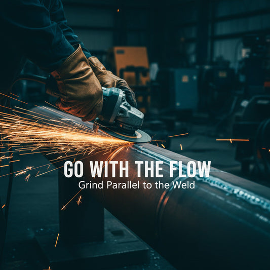 A welder using an angle grinder on a steel pipe, demonstrating the correct technique of grinding parallel to the weld seam to avoid stress risers.