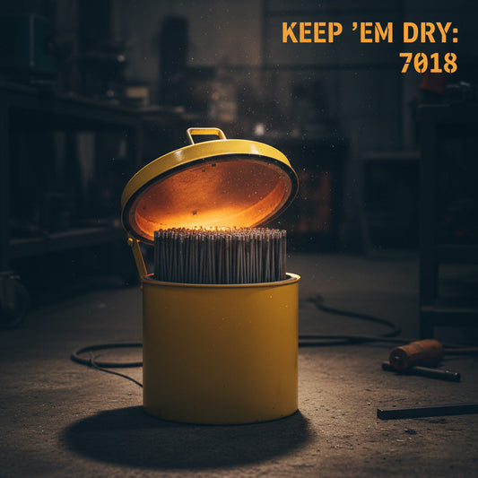 An open welding rod oven glowing orange, filled with 7018 electrodes.