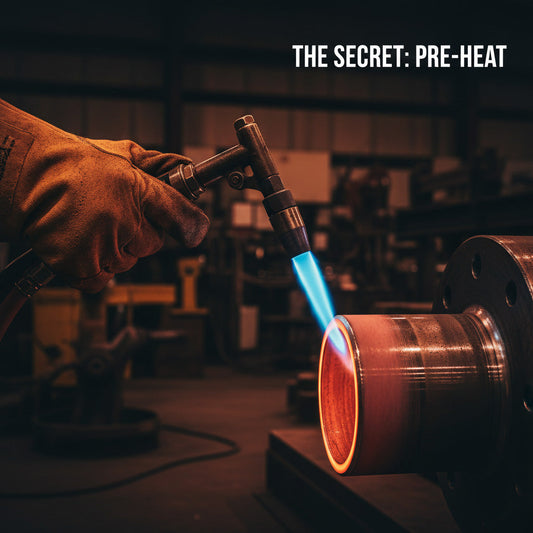 A welder using an oxy-acetylene torch to preheat a steel gear before welding.