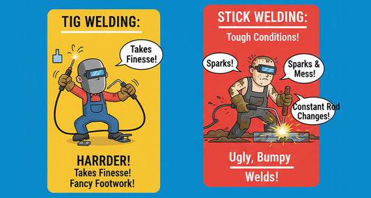 illustrations show TIG AND STICK WELDING process cons