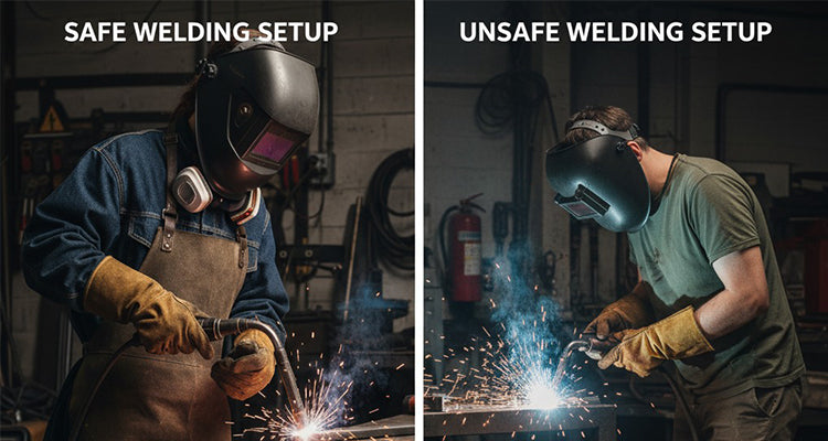 Side-by-side comparison of safe vs unsafe welding setups