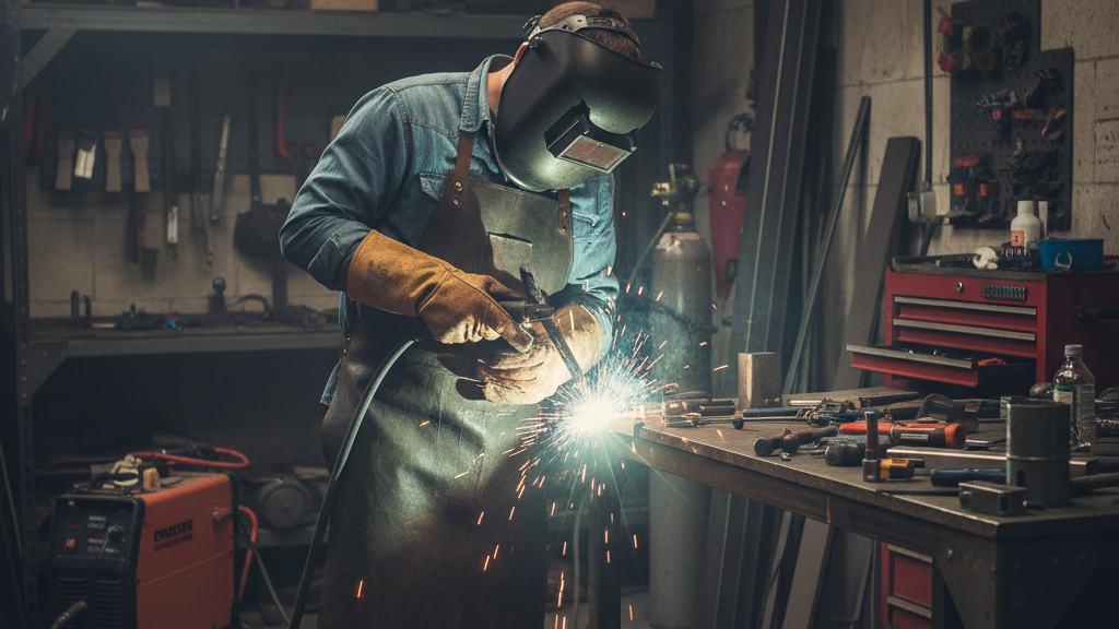 a man fixing the floating shelf inserts by welding in the work shop