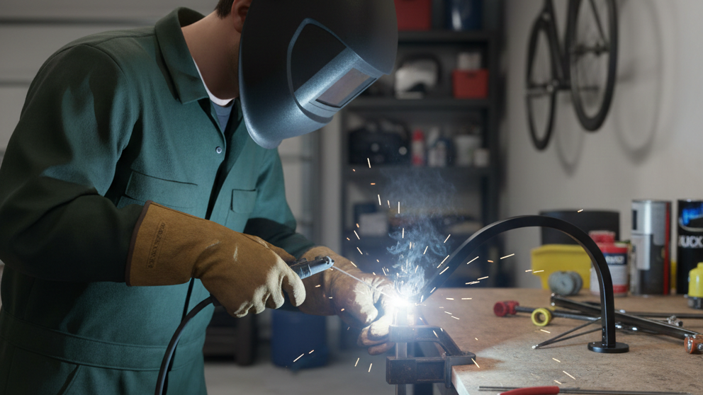 a man fixing the fractured bracket by welding in the garage