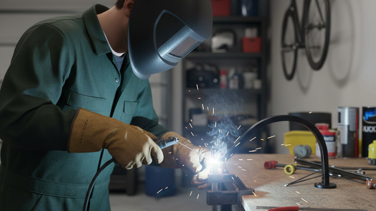 a man fixing the fractured bracket by welding in the garage