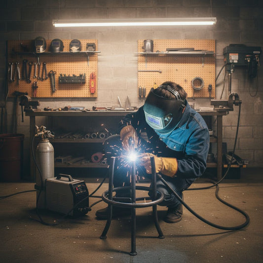 a man repairing the bar stool foot rest with a gas MIG welder in the workshop