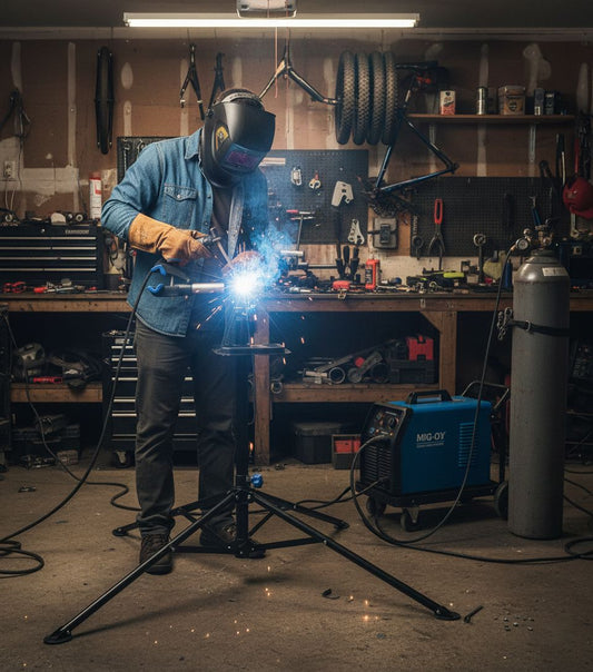 a man repairing the bike work stand in the garage with a Gas MIG Welder