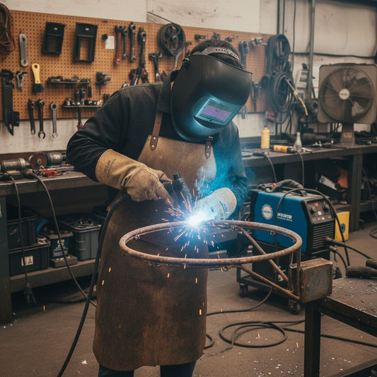 a man welding a old metal basketball hoop rim in the work shop with a MIG welder