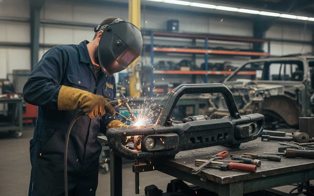 a man welding in the work shop to fix the broken bull bar