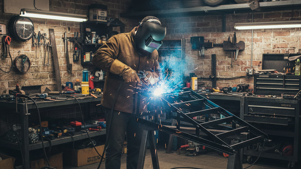 a man welding one of the ramps in the garage trying to fix the broken steel