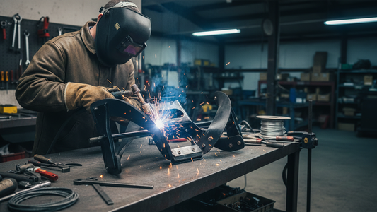 a man welding the auger in the workshop to fix the patch
