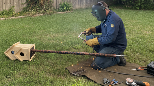a man welding the broken leg of the bird house post while the post was Placed horizontally
