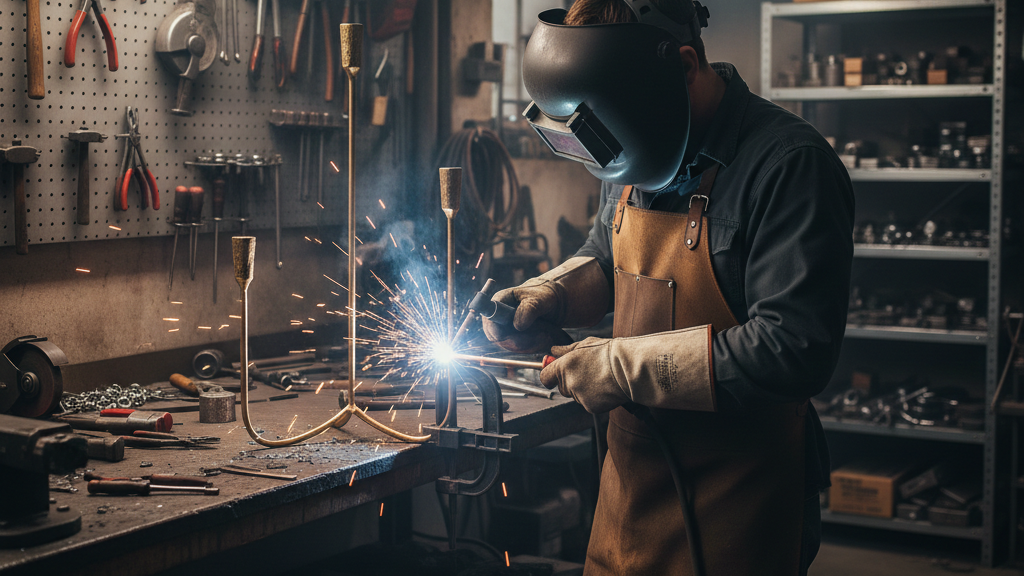a man welding the candelabra in the work shop to fix the broken arm of the candelabra