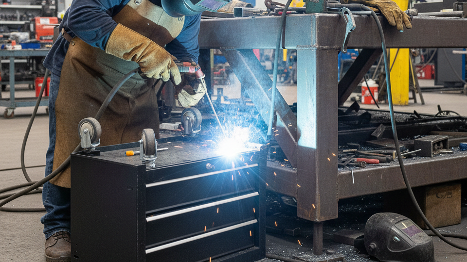 a man welding the caster of the toolbox with the toolbox upside down