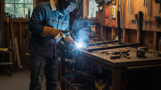 a man welding the chassis of the wheel barrow whithout the wheels in the work shop