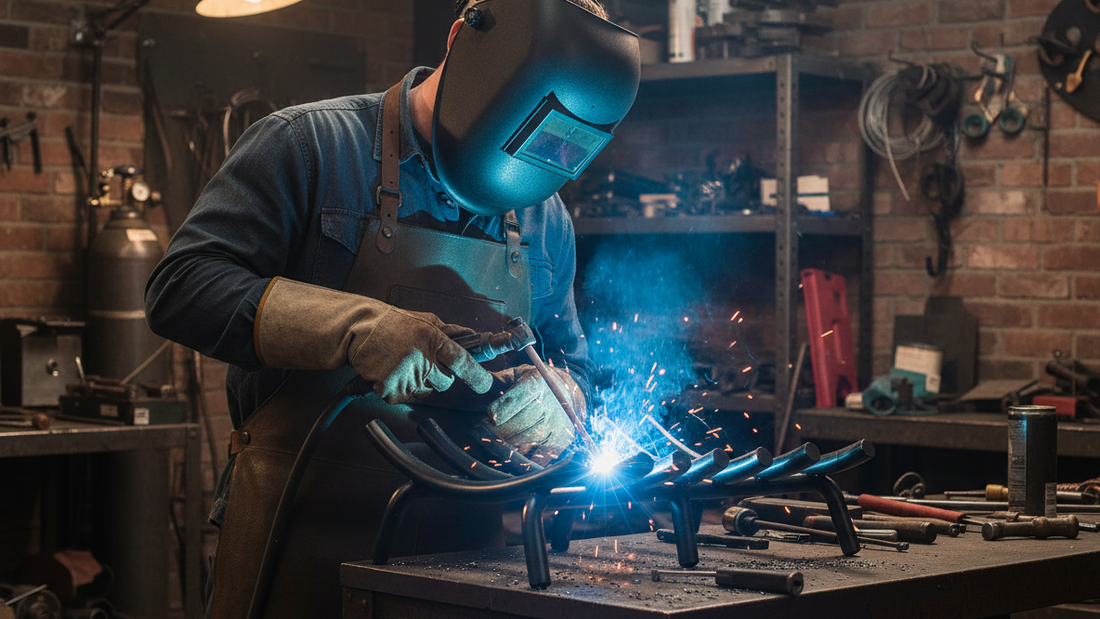 a man welding the fireplace grate in the workplace to fix the fracture