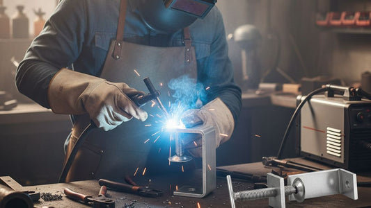 a man welding the handle of the c clamp in the work shop to fix the handle