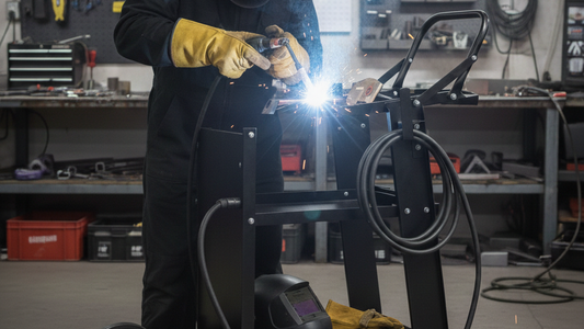 a man welding the handle of the welding cart