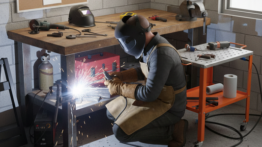 a man welding the leg of the workbench to fix the broken steel