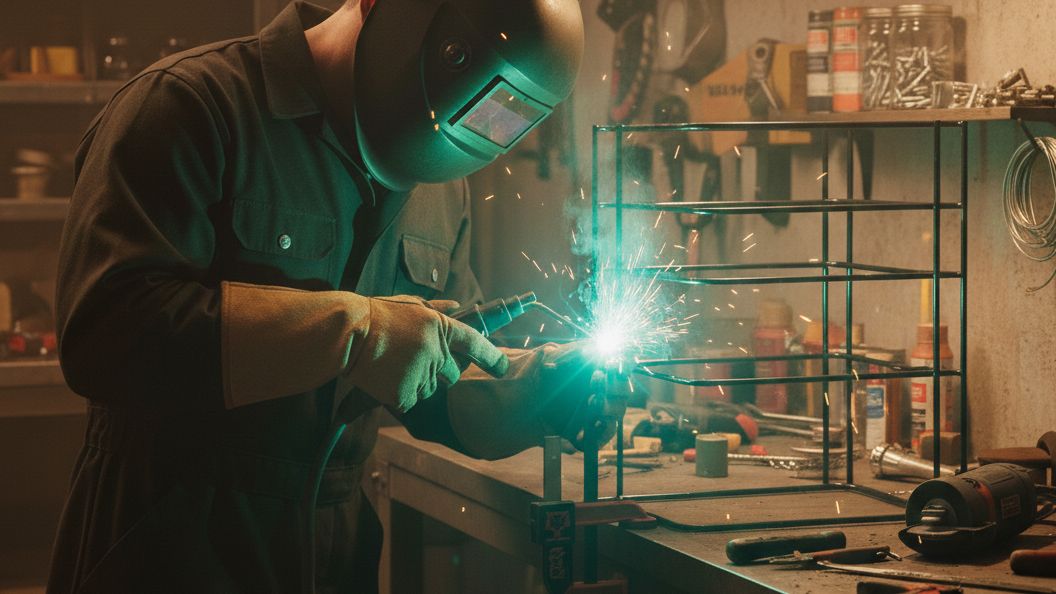 a man welding the pan organizer in the garage, trying to fix the broken tier
