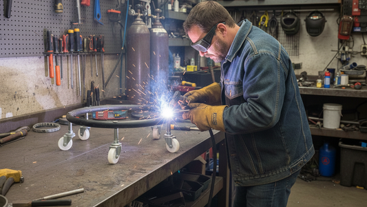 a man welding the propane stand to fix the fractured part in the workshop