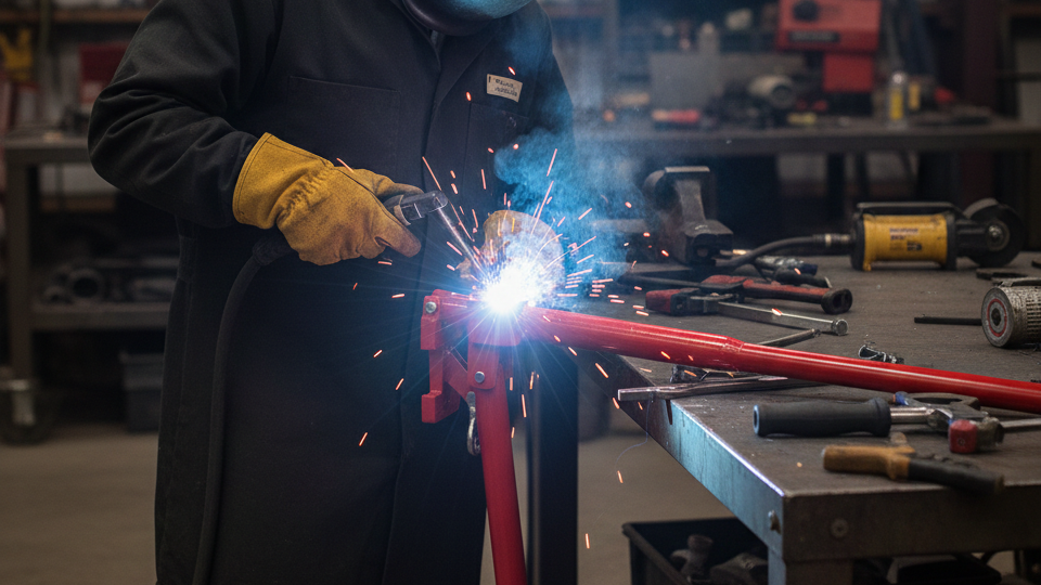 a man welding the puller's joint in the workshop