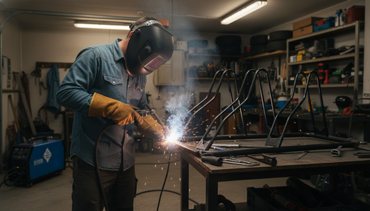 a man welding the bike rack in the garage with a MIG welding machine