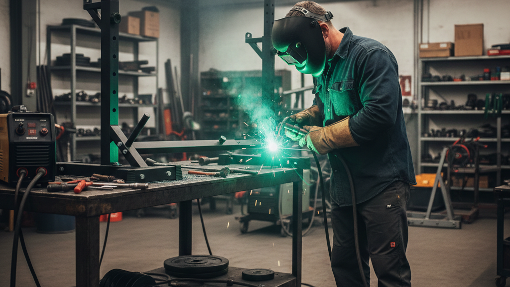 a man welding the rack in the workshop to fix the fracture