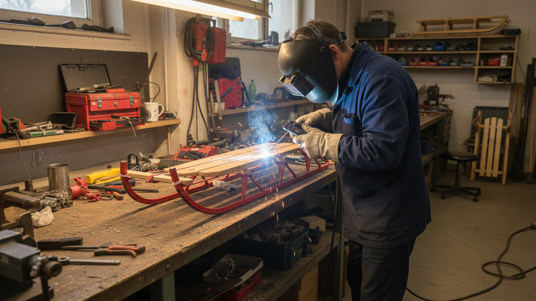 a man welding the sled support in the work shop to fix the broken steel