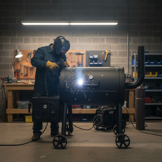 a man welding the smoker door with a gas MIG welder in the work shop