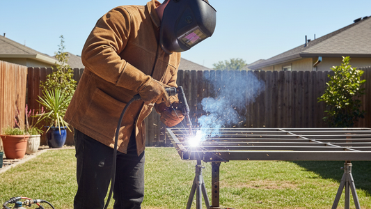 a man welding the steel bed frame in the yard with a MIG welder