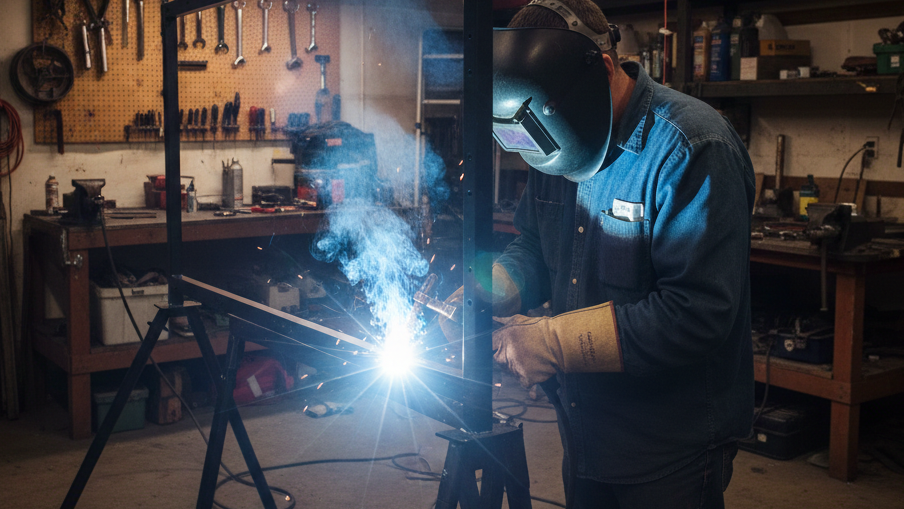 a man welding the target stand in the garage,without those targets