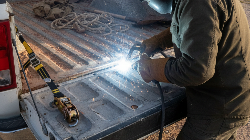 a man welding the truck bed tie-downs on the truck bed