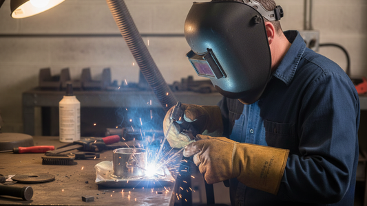 a man welding the used trailer jack foot plate in the work shop